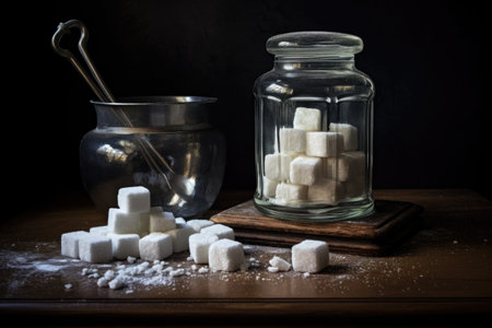 sugar cubes in a glass jar with a dumbbell lying next to itの素材