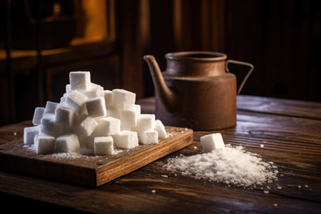 stack of sugar cubes on a rustic wooden countertopの素材