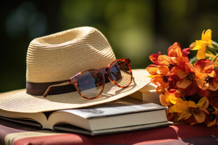 a pair of sunglasses propped on an open book with a summer hatの素材