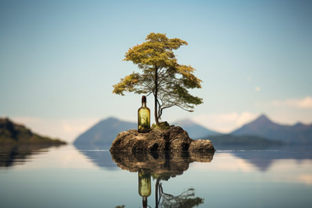 a tiny island with a single tree floating in a glass bottleの素材