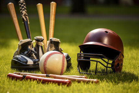t-ball equipment including helmet, bat, and ball on the grassの素材