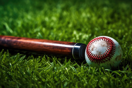 close-up of a t-ball bat and ball on green grassの素材