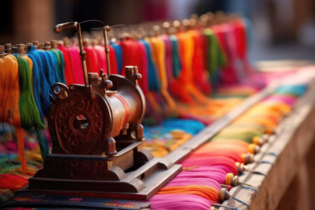 close-up of a sewing machine with colorful threadsの素材