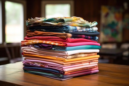 stack of multicolored fabric swatches on a tableの素材