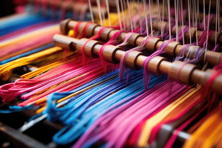 close-up of a loom machine weaving colorful threadsの素材