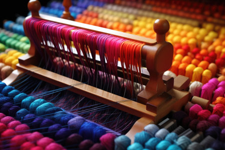 close-up of a loom machine weaving colorful threadsの素材