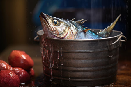 close-up of a shiny tuna fish in a metal bucket at the marketの素材