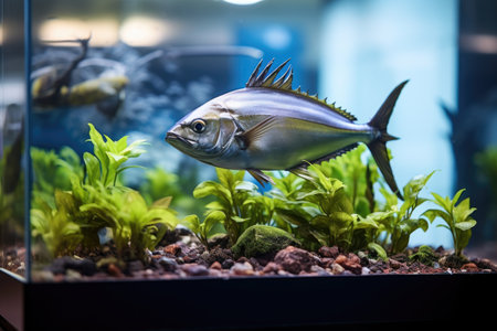 tuna fish in an office aquarium with a variety of aquatic plantsの素材