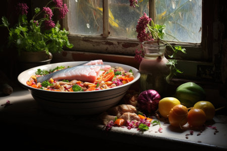 tuna with colorful vegetables in a ceramic sink, under the kitchen windowの素材
