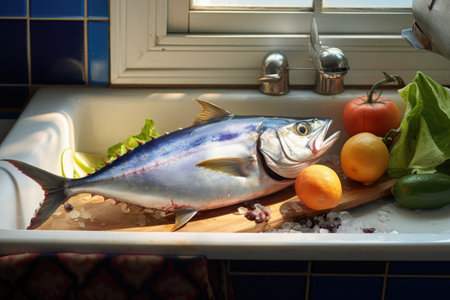 a tuna fish with knife and board in a white ceramic kitchen sinkの素材