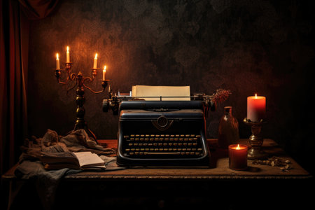 a typewriter with a finished manuscript, next to a burning candleの素材