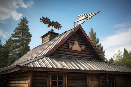 an angled shot of a log cabins roof with a weather vaneの素材
