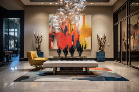 a stylishly decorated penthouse foyer with a large chandelier and modern artworkの素材
