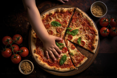 childs hands reaching for a slice of margherita pizzaの素材