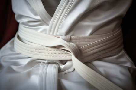a close-up shot of a white karate belt tied around a giの素材