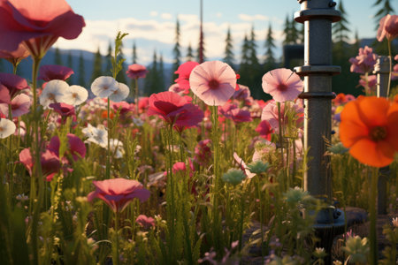 a detailed view of the irrigation systems nozzles in a flower-filled meadowの素材