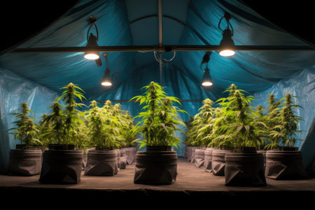 cannabis plants in various stages of growth in a grow tentの素材
