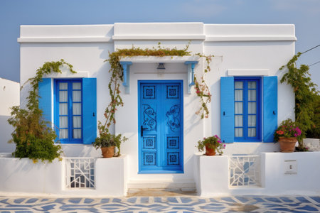 a white stucco villa with a vibrant blue door and window shuttersの素材