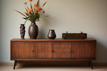 a danish style wooden sideboard with a vintage radio and ceramic vases on topの素材