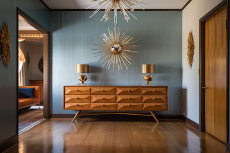 a hallway with a teak credenza, sunburst mirror, and a space-age chandelierの素材
