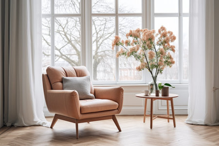 a sleek leather armchair with wooden legs in an airy living roomの素材