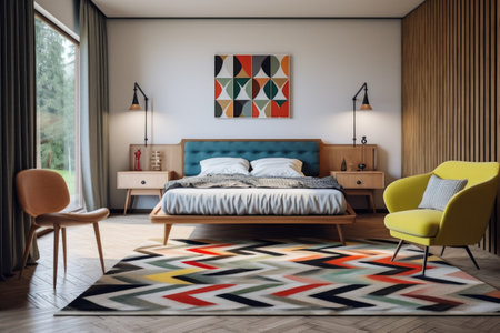 retro styled bedroom with geometric patterned rug and minimalist furnitureの素材
