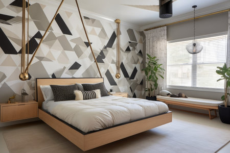 bedroom featuring a floating bed and geometric wallpaperの素材