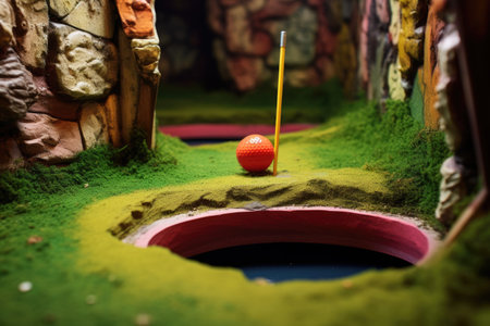 close-up of a mini golf hole with a ball approaching itの素材
