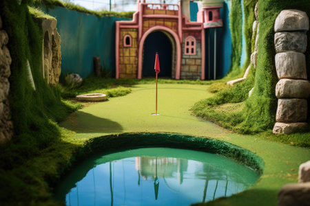 mid-action shot of a ball about to enter the hole on a mini golf courseの素材