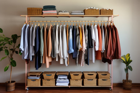 open-concept wardrobe with few, neatly arranged clothes on wooden hangersの素材