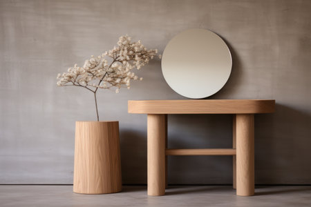 a wooden stool in front of a minimalist vanity with a round mirrorの素材