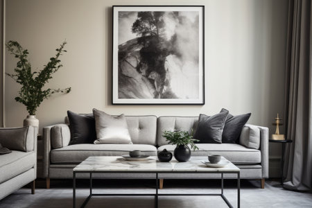 a living room with a grey couch, one coffee table, and a monochrome painting on the wallの素材