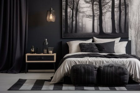 a monochrome bedroom featuring just a bed, bedside table and a lampの素材