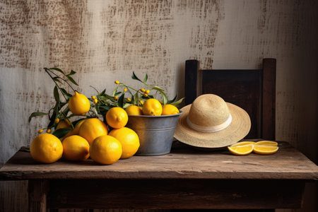 rustic table with a candle, a bowl of lemons, and a straw hatの素材