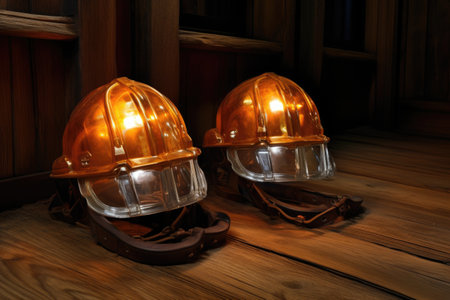 mining helmets with headlamps placed on a wooden tableの素材