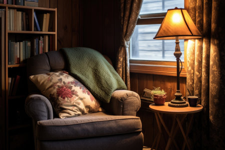 cozy reading nook with a plush chair, floor lamp, and a stack of books on a side tableの素材