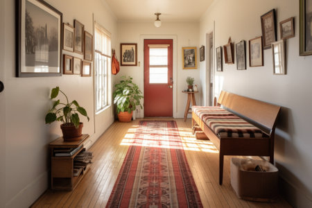 a hallway with a vintage runner rug, wooden bench, and family photos on the wallの素材