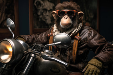 monkey in a leather jacket sitting on a vintage motorcycleの素材
