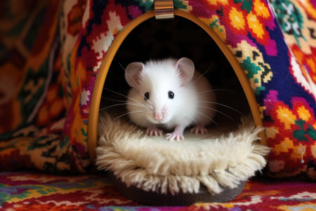 a white mouse inside a childs colorful slipper on a rugの素材