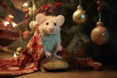 a mouse in a slipper placed next to a christmas treeの素材