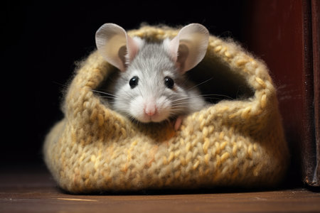 a small mouse peeking out of a fuzzy woolen slipperの素材