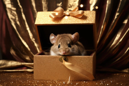 a brown mouse halfway out of a gold gift box with glitterの素材
