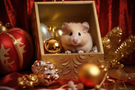 a tiny mouse inside a golden gift box surrounded by christmas decorationsの素材