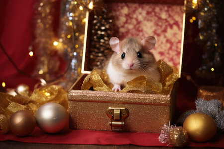 mouse in a glittery, gold gift box surrounded by festive decorationsの素材