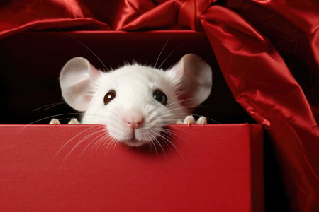 a small white mouse peeping out of a bright red gift boxの素材