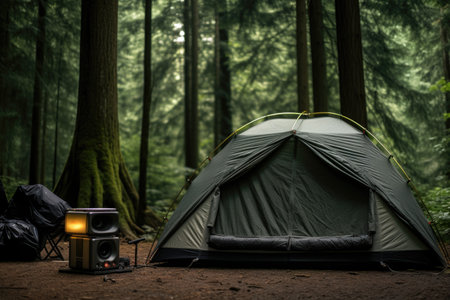 a speaker beside a tent in a forest campsiteの素材