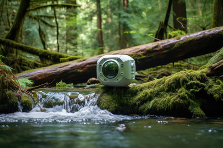 waterproof speaker floating on a forest streamの素材
