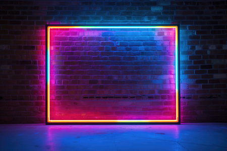 neon frame glowing on a brick wall at nightの素材