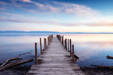 a wooden pier leading into the calm waters of a salt lakeの素材