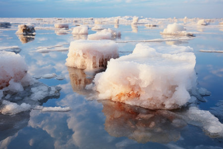 close-up of salt chunks floating in the lake waterの素材